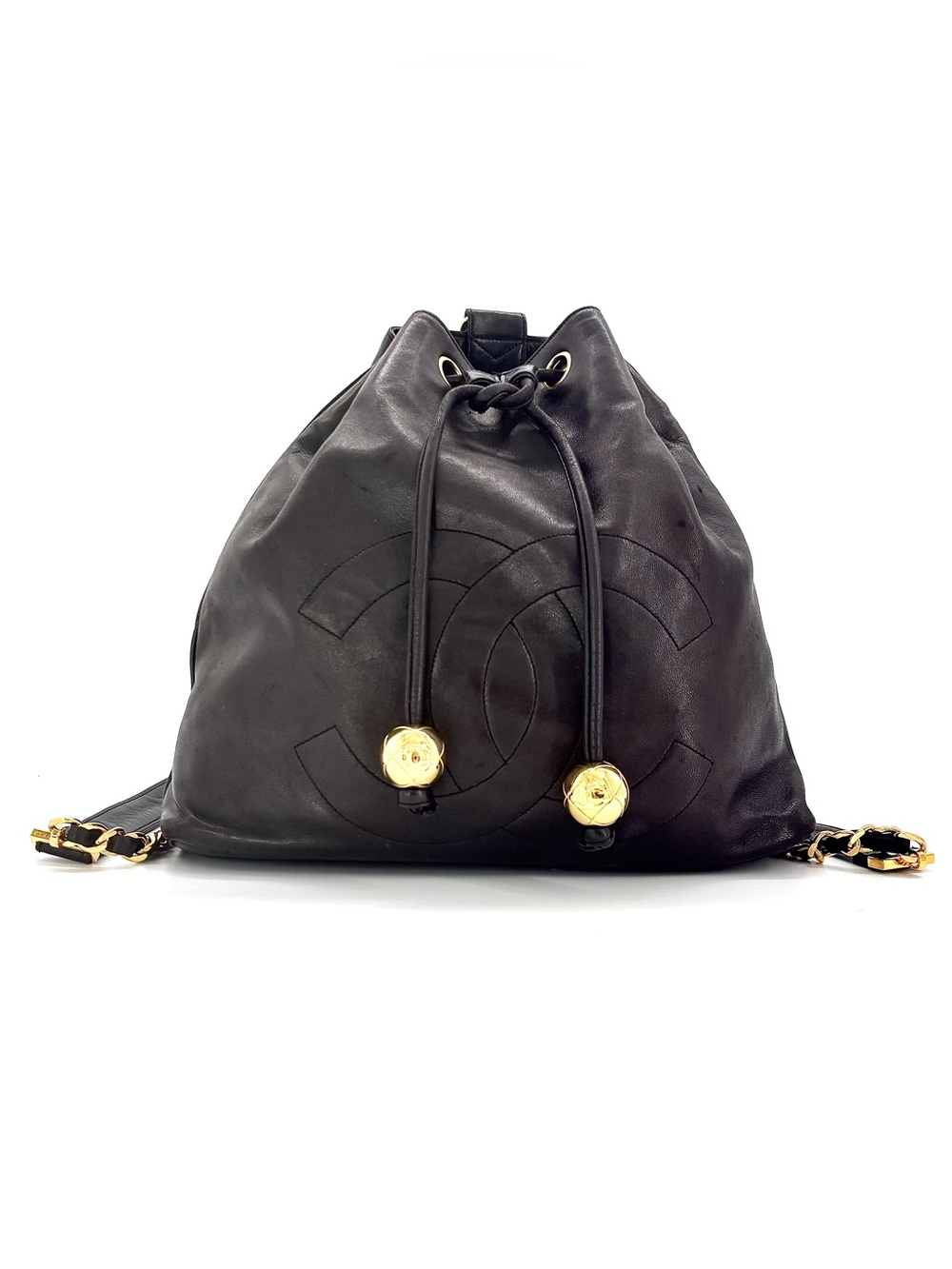 Chanel Vintage Black Lambskin Timeless CC Drawstring Backpack Gold Hardware